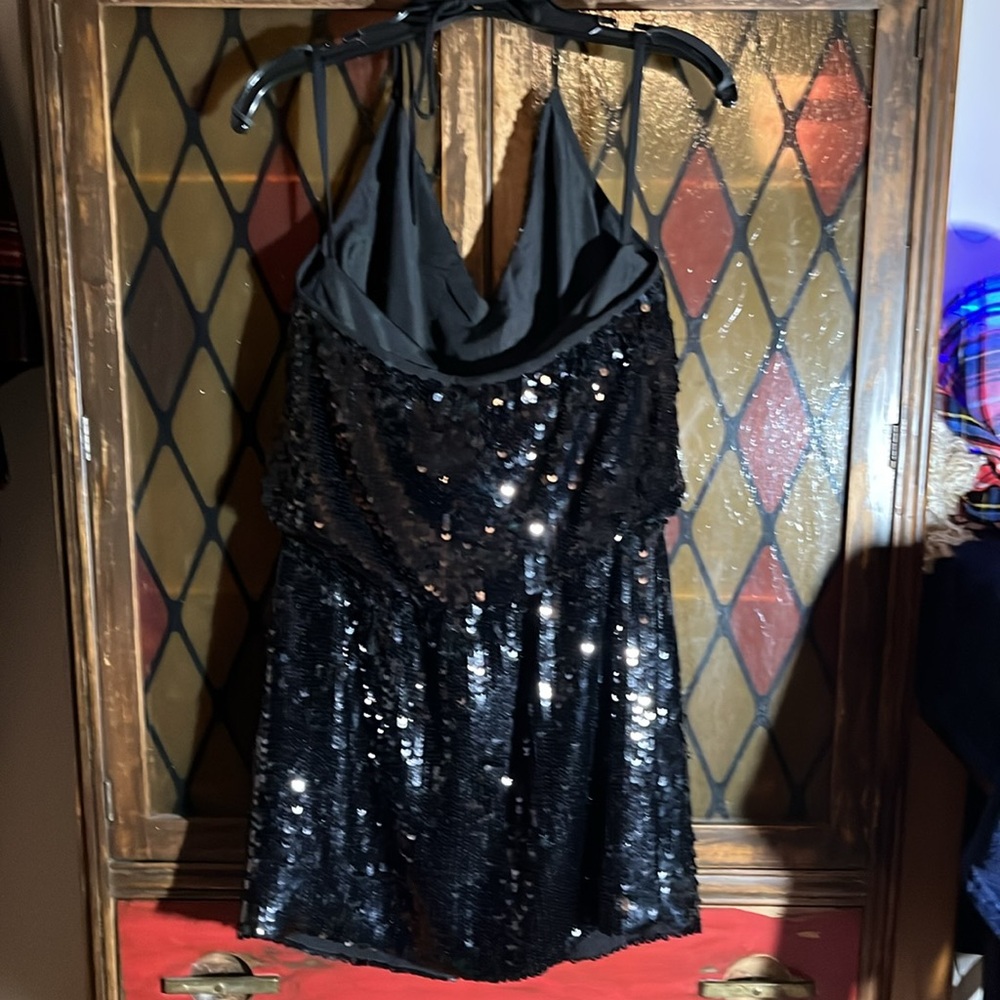 Gudi Black sequin halter mini dress w/ cinching at waist. - Picture 6 of 9